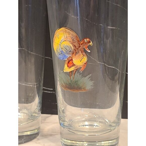 4 Highball Gold Rimmed Bar Glasses With 3D Enameled Game Birds Pheasant Set EUC - Picture 2 of 15